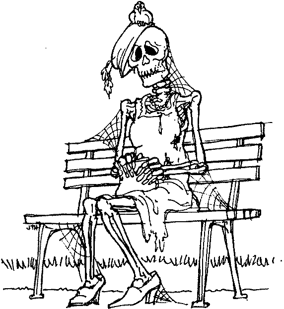 В очакване на г-н Подходящия Женски скелет седи на пейка