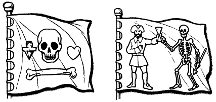 Вляво: Традиционният флаг „Веселият Роджър“ Вдясно: Флагът на Бартоломю Робъртс. Вляво: Традиционният флаг „Веселият Роджър“ Вдясно: Флагът на Бартоломю Робъртс.